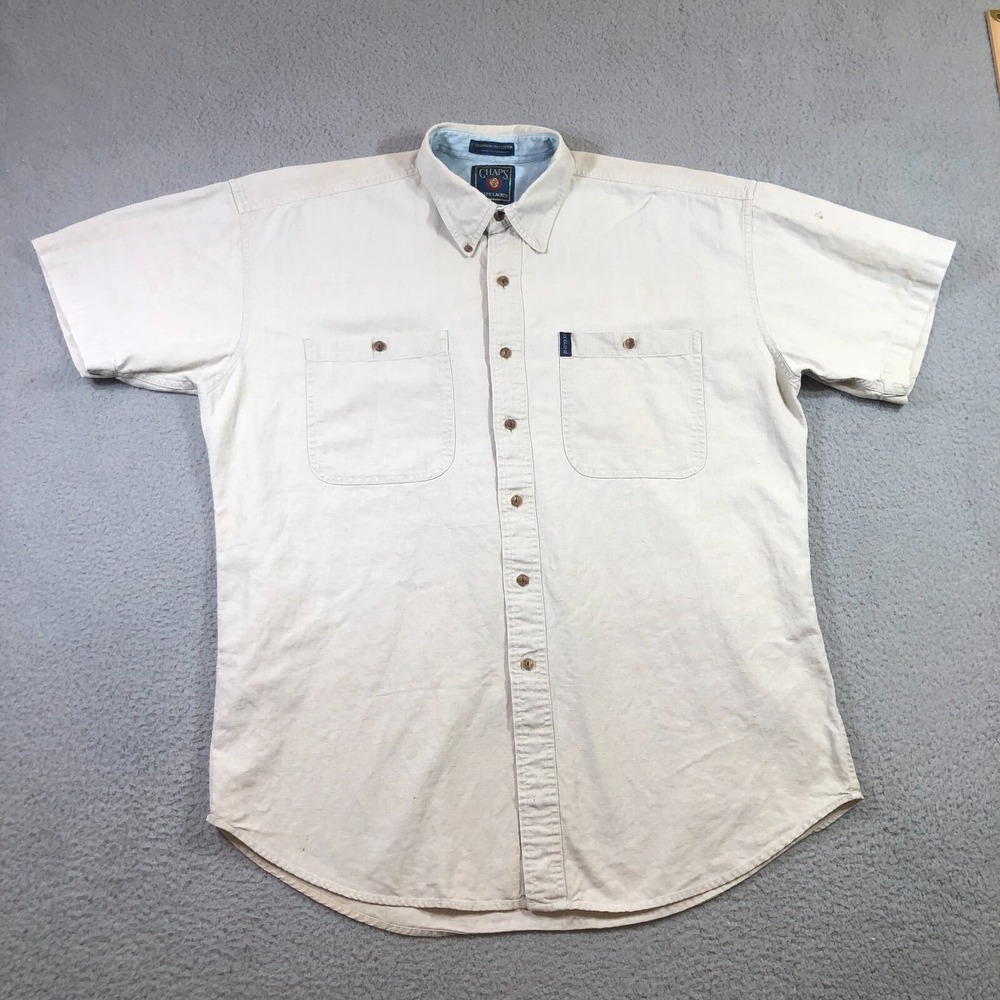 vintage chaps ralph lauren Shirt Mens L beige 55% linen short sleeve